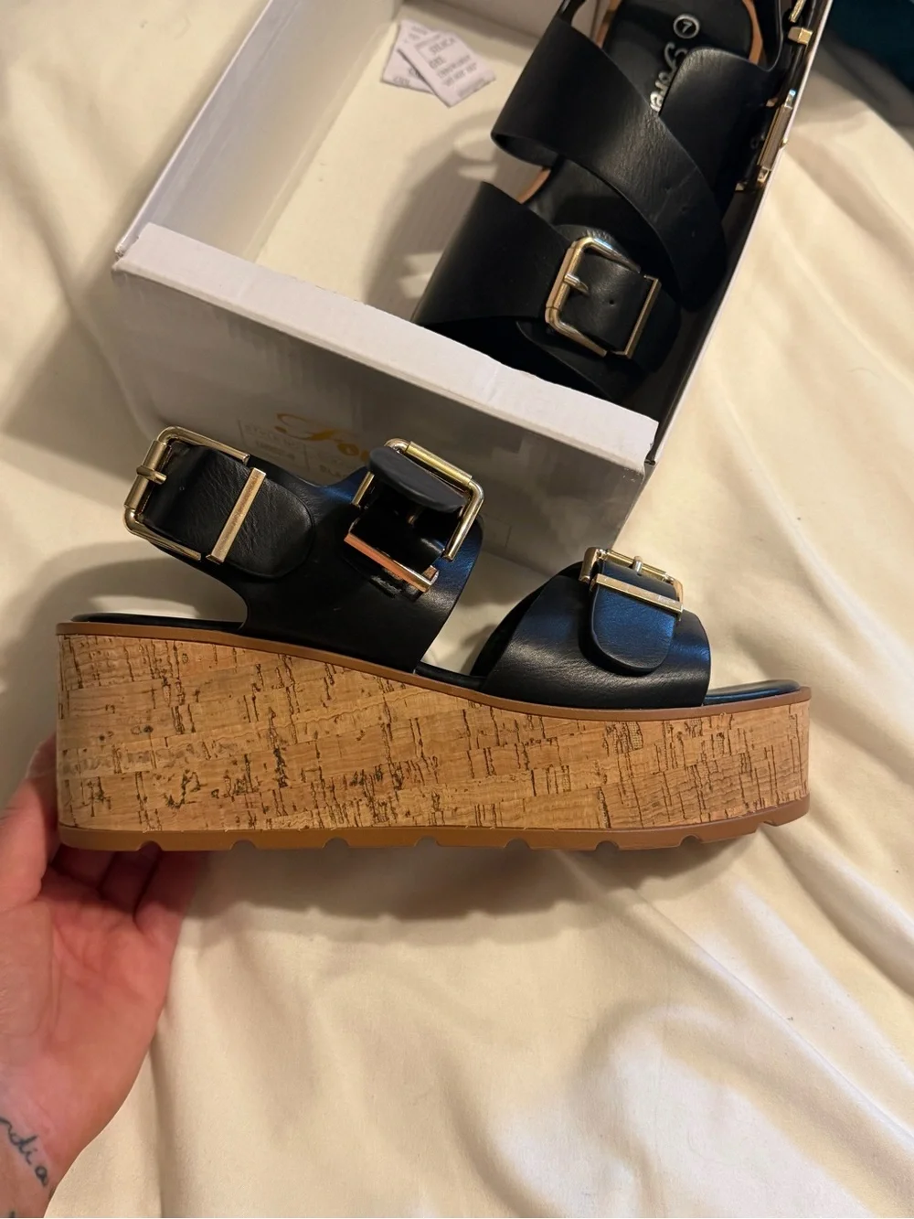 Fashion Nova Black Cork Platform Sandals with Buckle Straps